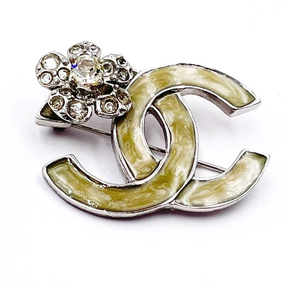Chanel Silver CC Mint Enamel Crystal Flower Brooch - Picture 2 of 3